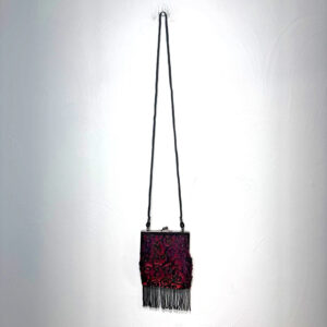 Lancome Beaded Evening Bag Burgundy Velvet Black Fringe Flapper Purse